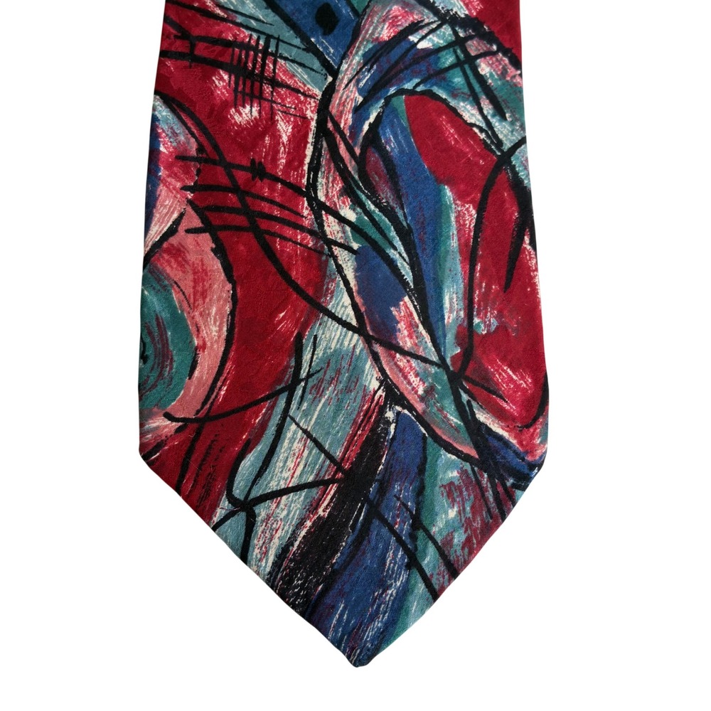 Wembley Vintage Silk Tie Abstract Painterly Red Teal Navy Made in‎ USA WPL 4075